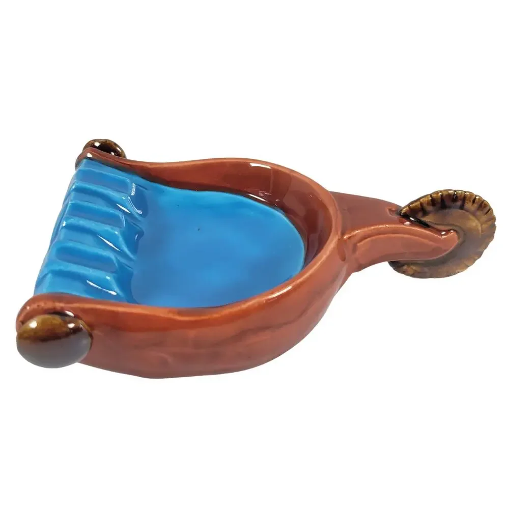 Spur Ashtray with Handle, Mid-Century Modern Farmhouse Vintage Blue and Brown
